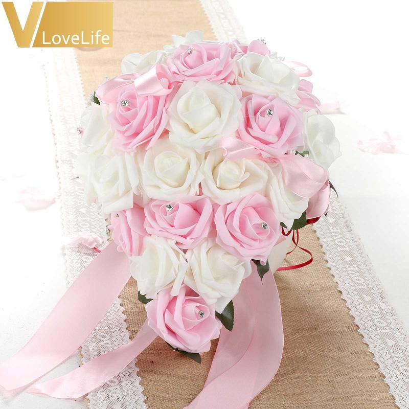 

Wedding Bridal Holding Bouquet European Artificial Rose Flowers Crystal Teardrop Bridesmaid Decor Fake Flower Pink Customized