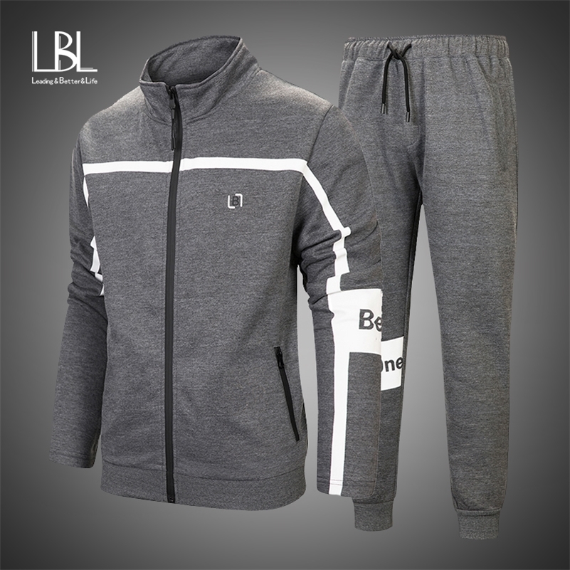 

New Men' Autumn Hoodies Brand Tracksuit Set Male Sweatshirt Sweatpants Fashion Trousers High Street Zipper Jackets Sets 201109, Grey tz29
