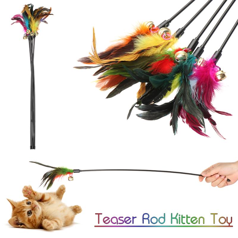 

5Pcs Colorful Cat Interactive Toy Stick Kitten Toy Cat Feather Bell Wand Teaser Rod Interactive Play Pet Supplies Toys
