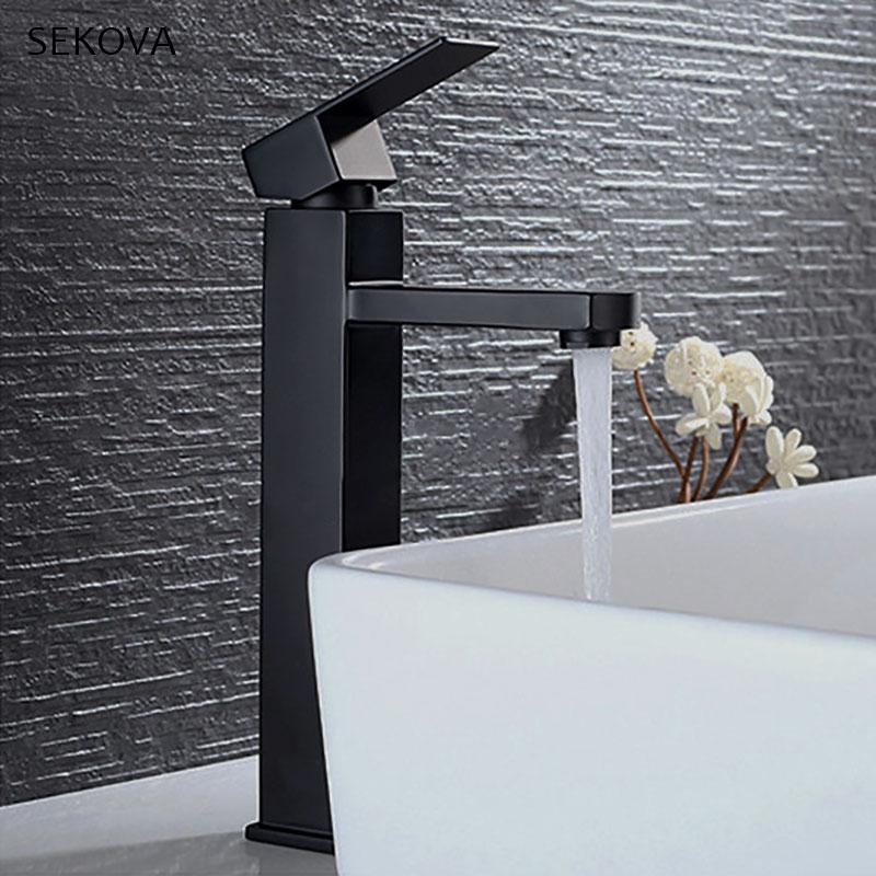 

Black Bathroom Washbasin Mixer Faucet Deck Mounted Water Mixer Tapware Squared Style 2 Height For Under & Top Counter