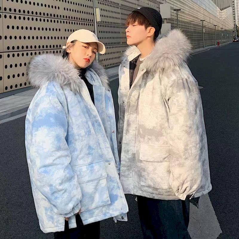 

Parka Men Couple Cotton Padded Jacket Fur Hooded Winter Warm Thick Jackets Outerwear Hip Hop Fur Collar Streetwear Oversize Coat, 31830black
