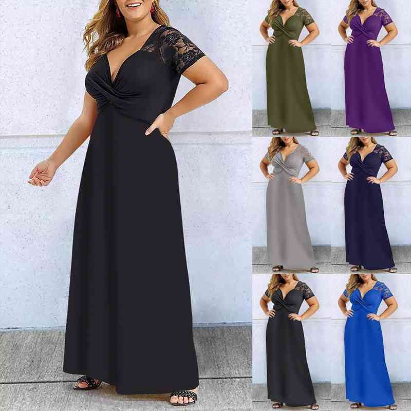 

Plus Size V Neck Dress Lace Stitching Evening Party Summer Maxi Women Dress Large Ladies Short Sleeve Floral Elegant, Black;gray