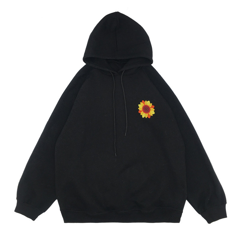 

2021 Harajuku Suower Embroidered Women Loose Hooded Plus Fleece Pullover Cotton Oversize Hoodies Long Sleeve Sweatshirt Xm5z, Black
