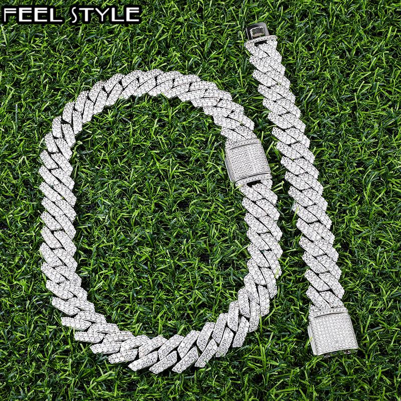 

Hip Hop 19MM 2 Row Heavy Cuban Prong Chain Bling Iced Out Box Buckle Copper Setting + CZ 2Set Chain Bracelet For Men Jewelry