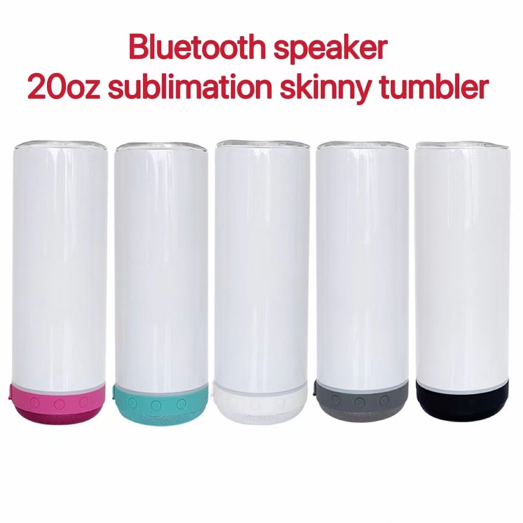 

US warehouse 20oz NEW Straight Sublimation Skinny Tumblers With Bluetooth Speaker Blank White Double Wall 304 Stainless Steel Insulated Coffee Mug B2, As option