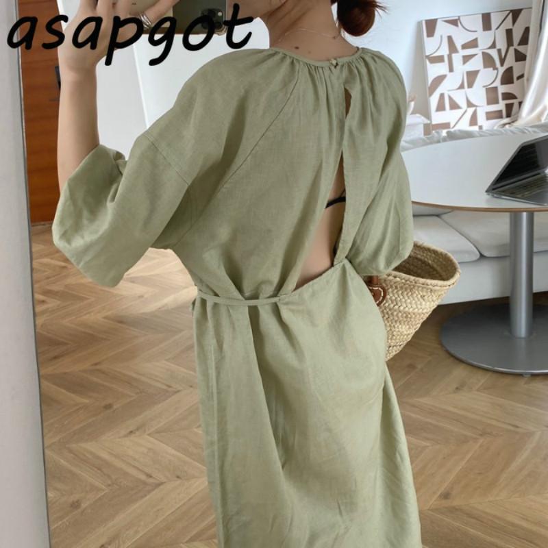 

Casual Dresses Lazy Style Vintage Korea Chic Backless Loose Lace Up Dress Women Fashion O Nekc Puff Short Sleeve Vestidos Mujer, Black;gray