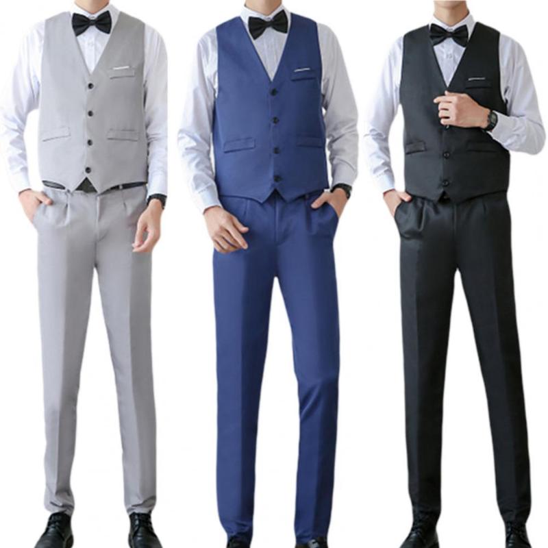 

Men's Suits & Blazers Men Business Suit Set V Neck Formal Solid Color Buttons Vest Shirt Pants For Wedding Office Dress Clothing, White;black
