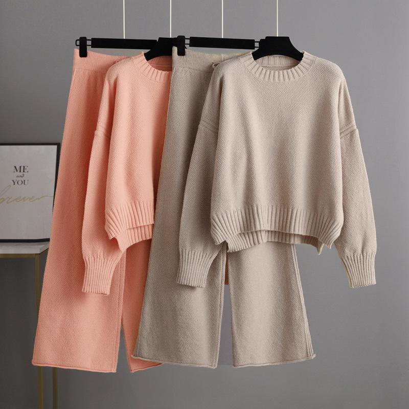 

Women's Two Piece Pants 2021 Fall Winter Chic Knitted Outfits Women Elegant Loose Pullover Sweater 2 Set Split Capris Wide Leg Tracksuit, Beige