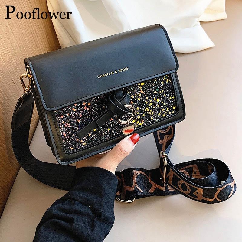 

Pooflower Korean Sequined PU Leather Flap Bags Purse 2021 New Designer Shoulder Bags for Women Trend Croosbody bolso ZH384, Black