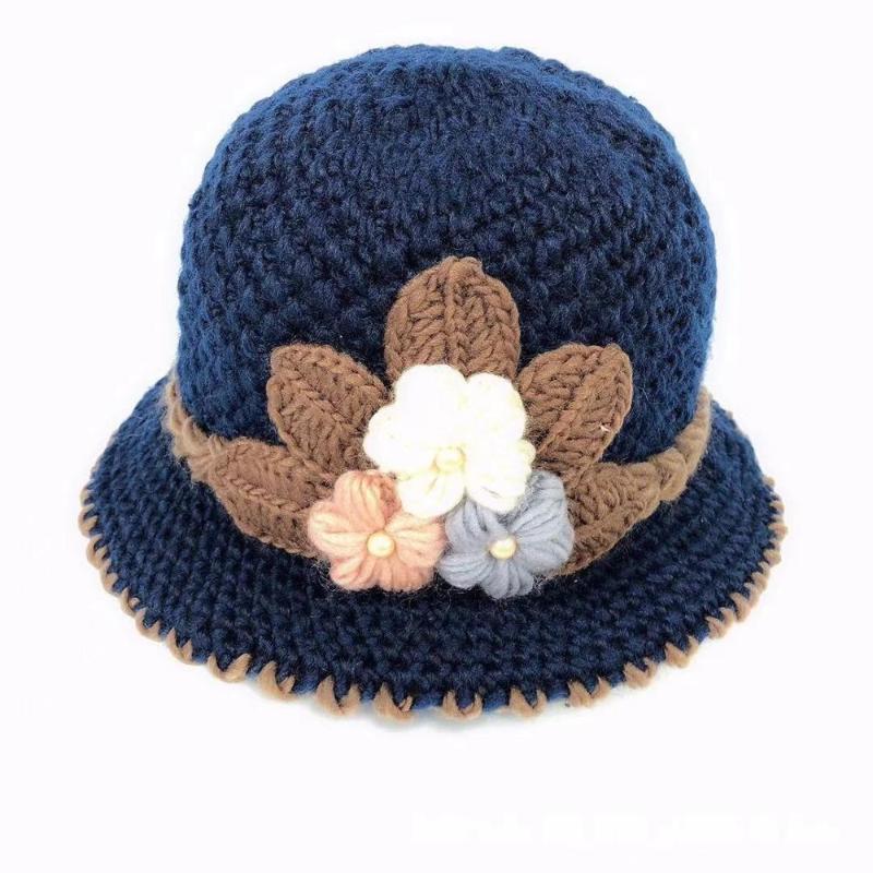 

Fashion Women Knitting Wool Hat Classic Winter Side Wool Fleece Flower Basin Cap Brim 6cm Circumference 57cm