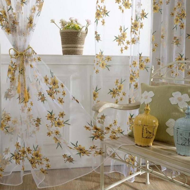 

205*95cm Simple Small Fresh Style Window Screen Small Flower Offset Printing Polyester Translucent Glass Yarn Single Yarn, 02