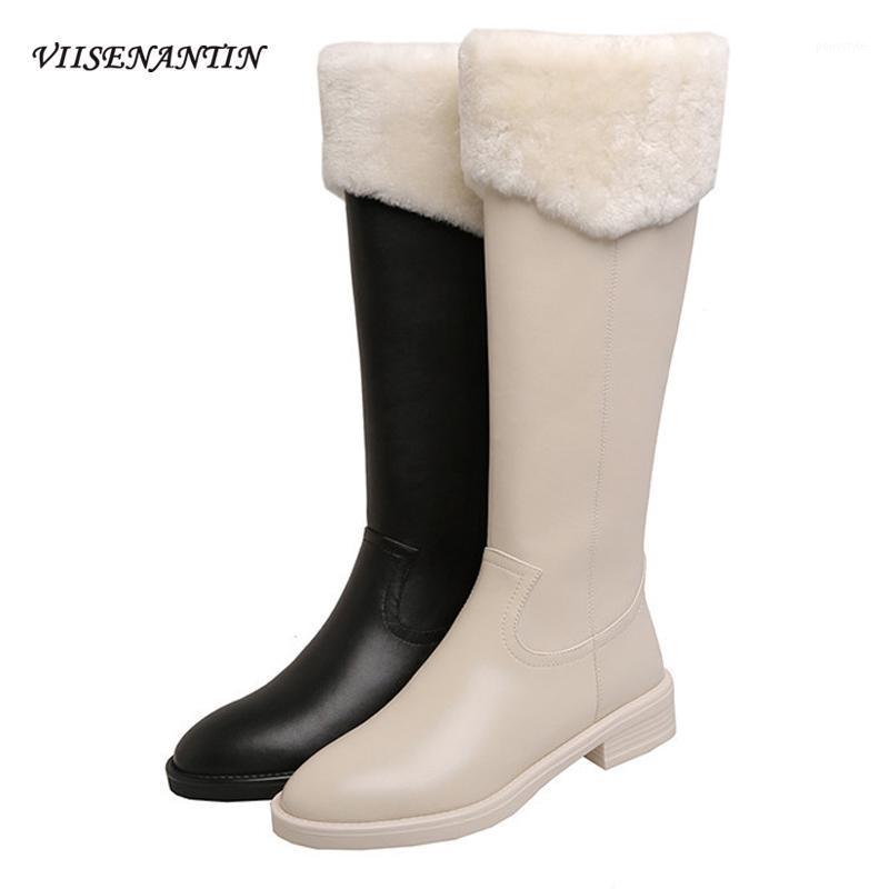 

Women's Knee-length Flat Bottom Winter New Style All-match Black Leather Boots Genuine Leather Fashion Round Toe High Boots1, Beige