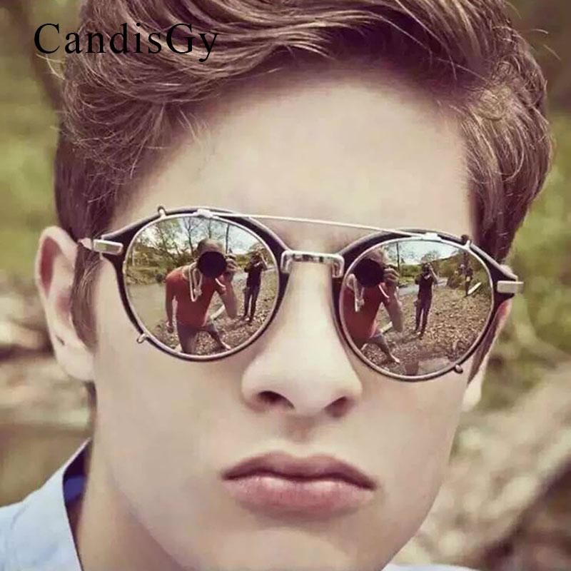 

CandisGy Stempunk Clip on Hip hop Brand design Women Men Mirror Sunglasses UV400 sun glasses lady Round lens Heavy Metal Frame
