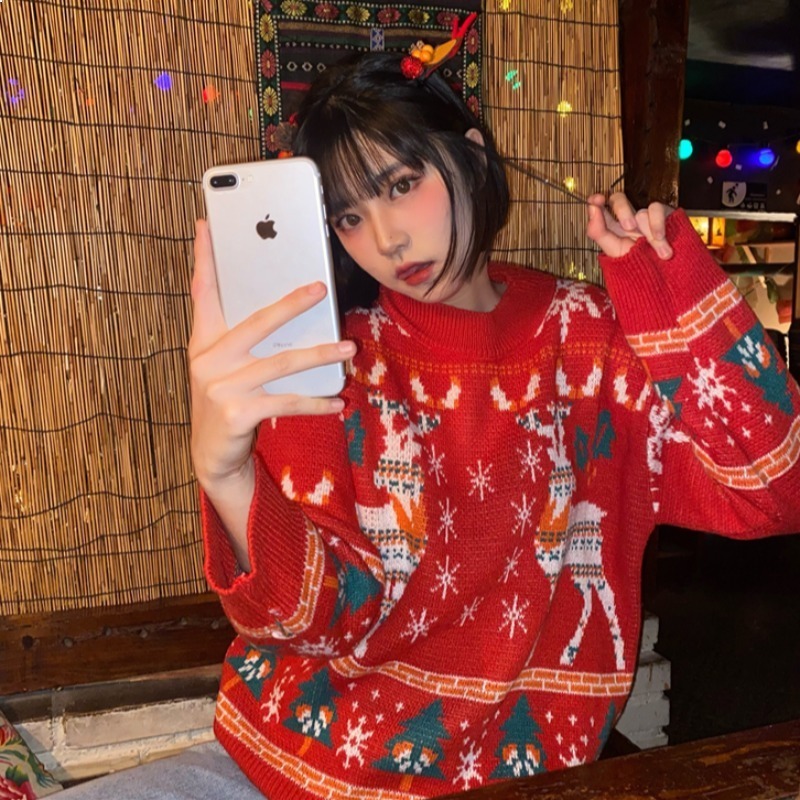 

2021 New Female Christmas Warm Winter Sweater Knitted Mesh Fabrics Snowflake Elk Print Sweaters and Pullovers Goyw, A40red