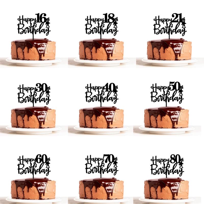 

Happy Birthday Cake Topper Decoration Black Glod Silver Color Acrylic Wood Cake Topper Gift 10 16 18 21 30 40 50