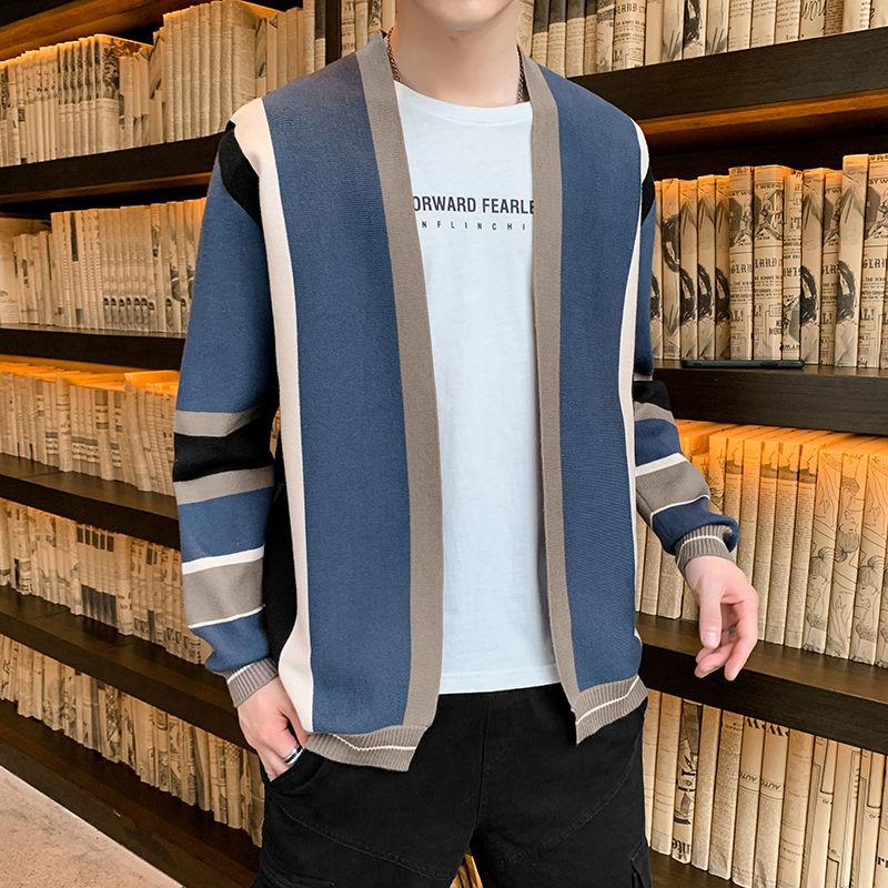 

2020 New Autumn Winter Men's Block Color Patchwork Knitwear Cardigans Coats Male Fashion Korean All-match Loose Sweater K66, Blue