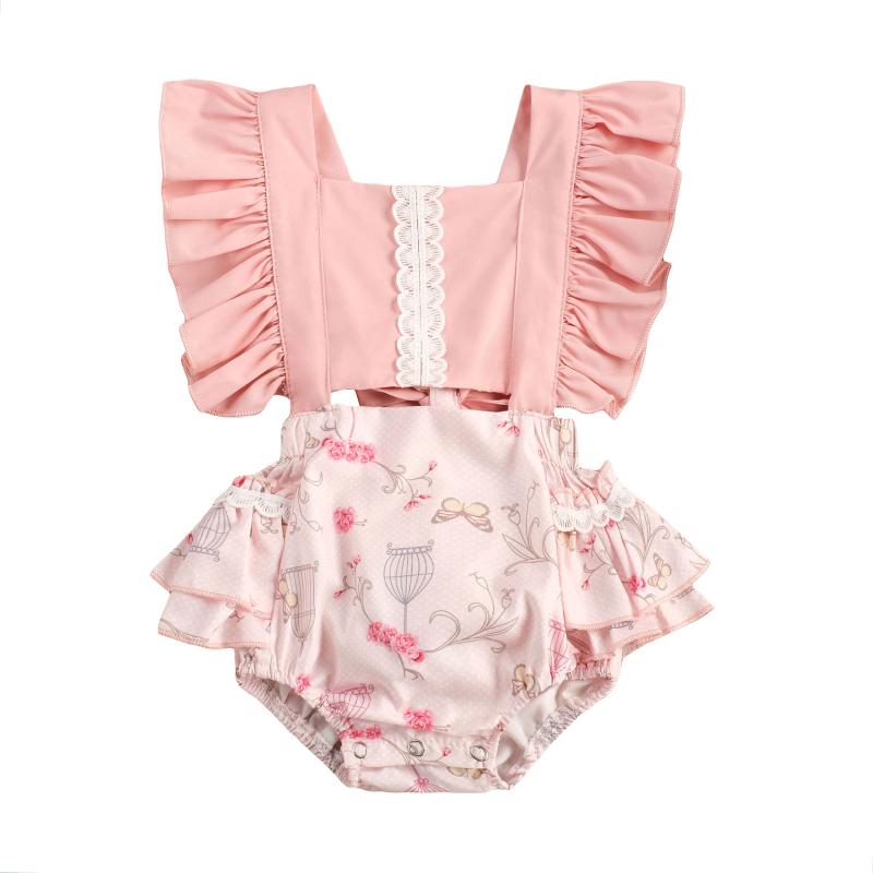 

Baby Girl Romper, Floral Jumpsuit, High Waist Hollow Flower Printed Summer Ruffle Sleeve Side Pocket Clothes, Pink