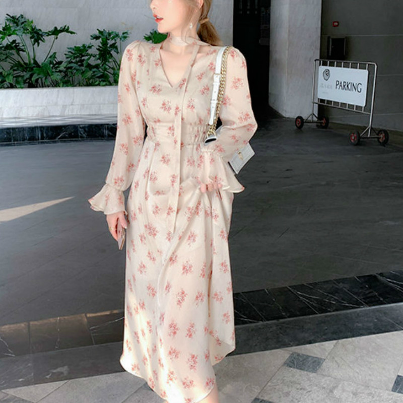 

Retro-dressed Flower Elegant Autumn Printing Bandage Female Complete Korean Midi Dress Falling for Woman 2021 Lnc3, Apricot.