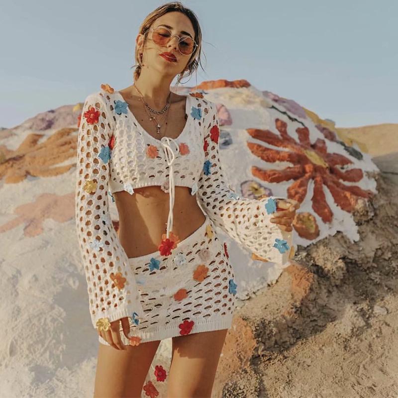 

Glamorous 2 Pieces Crochet Bikini Cover-ups Boho Appliques Hollow Out Women Beach Wear Swim Suit Cover Up Tops and Skirts A530, Skirt