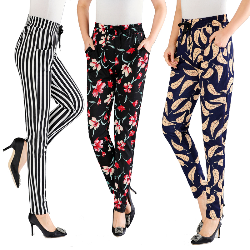 

Women's Trousers 2021 Summer New Grandmother Flower Woman Pants High Waist Silken Ice Printed Elasticity 05jj, Suit 2