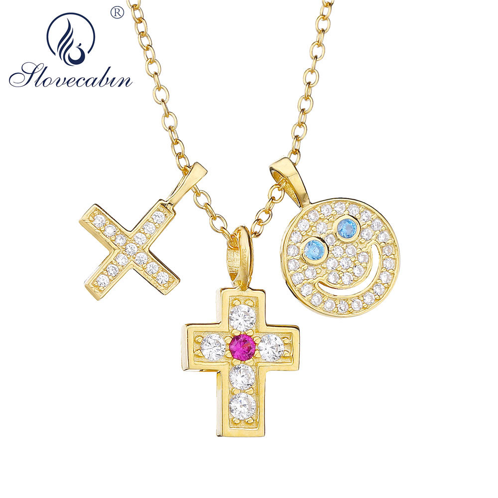 

Slovecabin Brand Japanese 925 Sterling Silver DIY Funny Double Cross Star Pendant Eye Smile Necklace Men Women Jewelry Gift Y0126