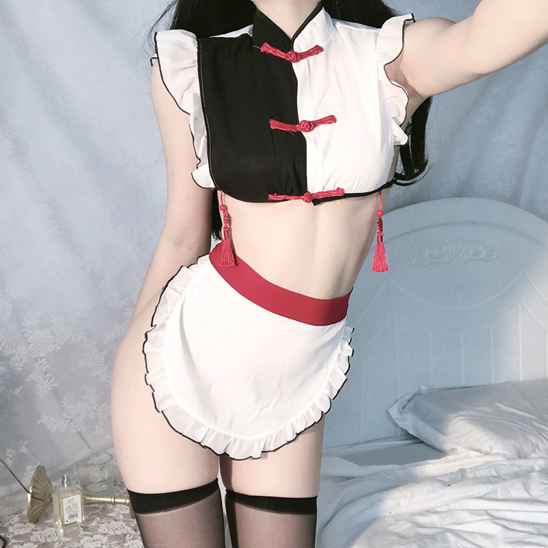 

Sexy erotic cosplay classic Chinese maid costume ladies temptation to play roleplay dress thin women's uniform fantasy, Red