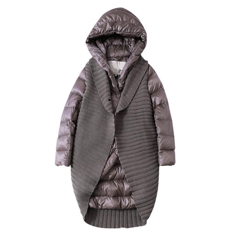 

New fashion cashmere mesh seams with warm hood women's long irregular winter duck down f529 dropshiping jackets, Coffe