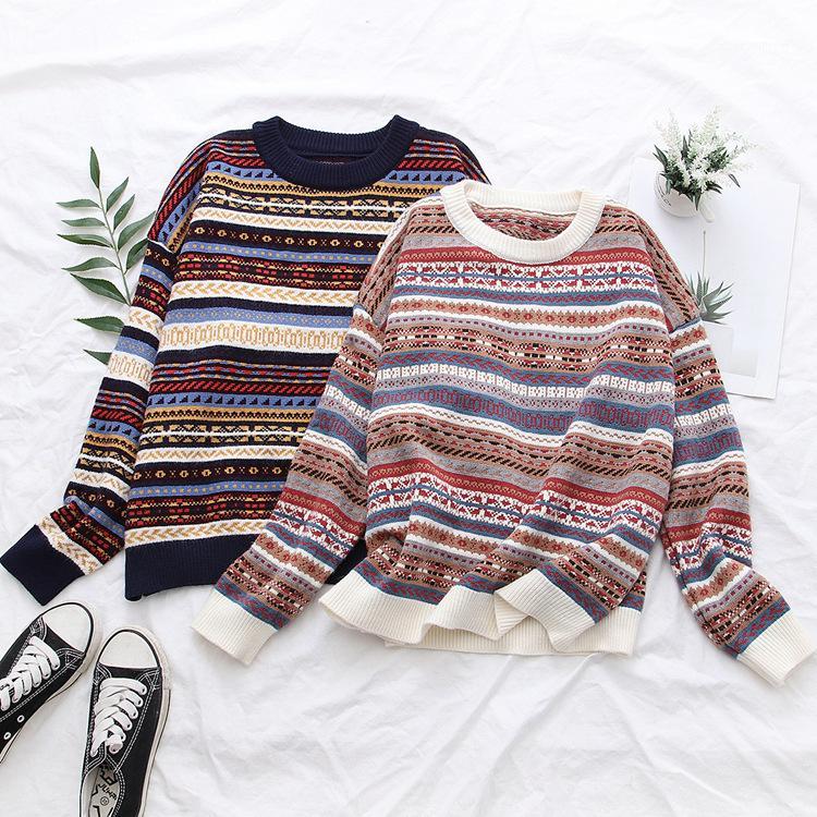

Women KoreanStyle Retro Geometrical Striped Jacquard Pullovers Loose Round Neck Knitting Sweater Long Sleeved Casual Pull Femme1, Beige