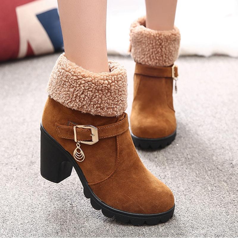 

2021 New Autumn Winter Women's Shoes Ankle Boots Plush Ladies Women's Boots Super High Square Heel High Quality Rubber, Black