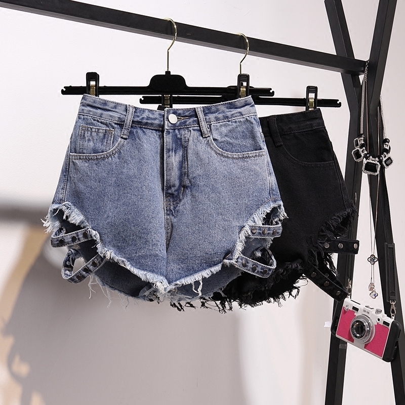 

KKILLERO Ripped Holes Jeans Street Wear High Waisted Fringe Denim Hot Summer Sexy Shorts femme plus size 5XL Y200822, Blue