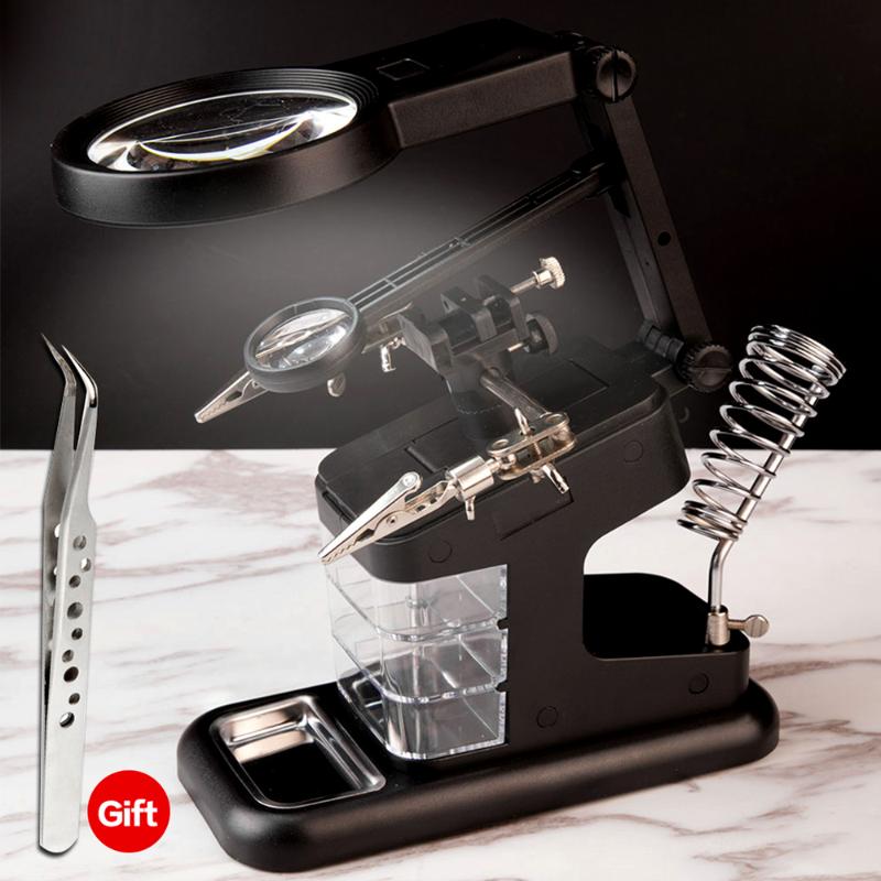 

3/4.5/25X Magnifying Soldering Irons Stand 3 Hand Helping Clip LED Light With 3 Boxes Glass Lens Desk Station Repair Tools