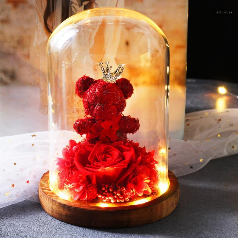

New Teddy Bear Rose Flowers In Glass Dom Light Festival Flowers Home Wedding Decoration Birthday Valentine's Day Flower Gifts1, Burn bottom blue
