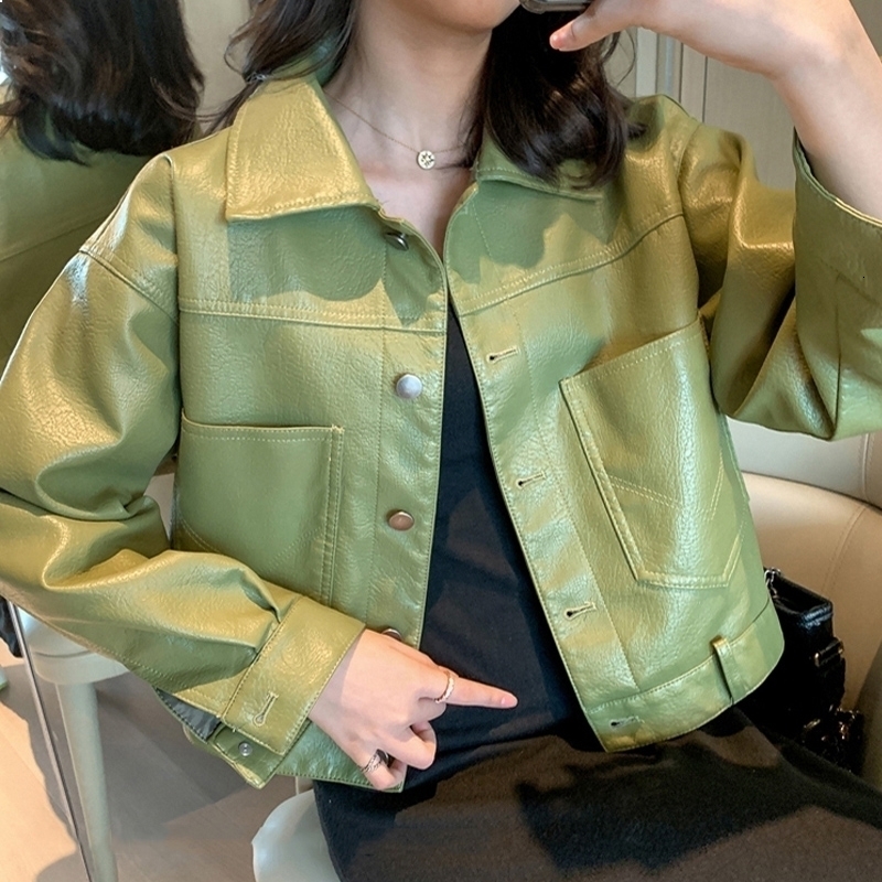 

New Women 2021 Black Long Sleeve Women's Leather Jacket Ladies Biker 62CE, Beige