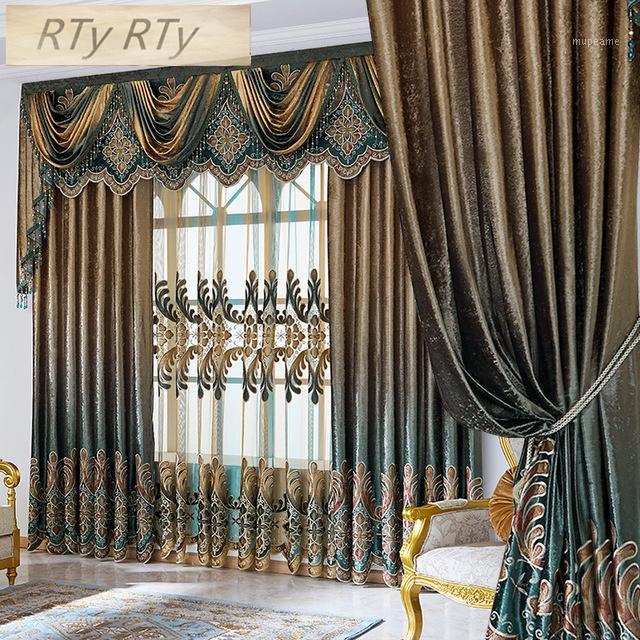 

European and American StyleEmbroidery jacquard Curtain for the living room bedroom French Window Villa Window Curtains1, Sky blue