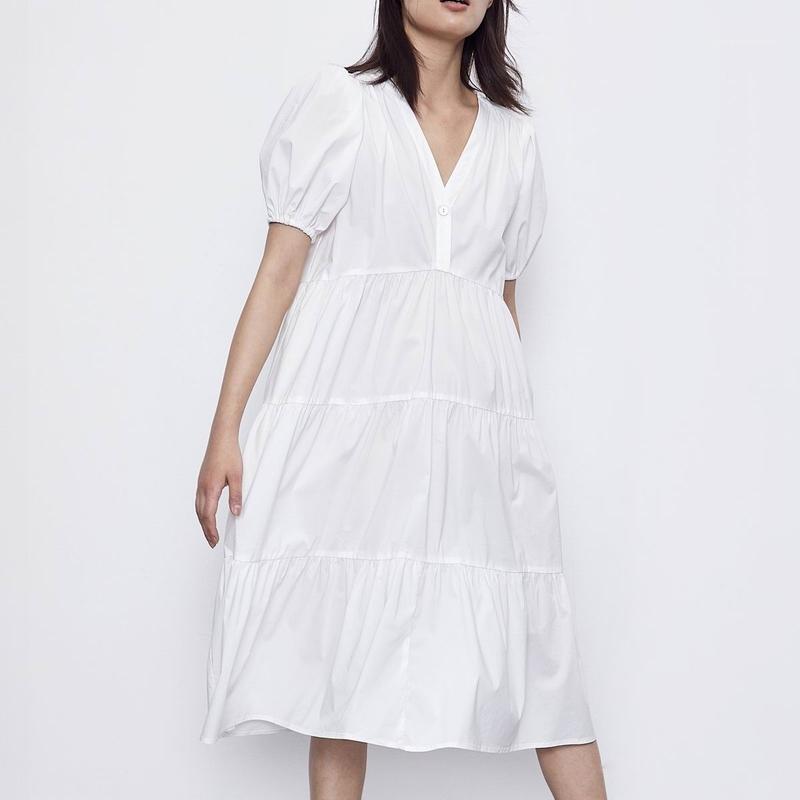 

Women White Dress 2020 New Fashion Short Puff Sleeve Mid-Calf Modern Lady Summer Dresses1