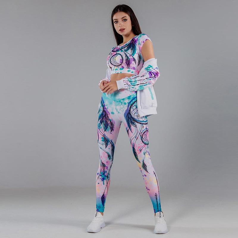 

CXUEY Digital Print High Waist Sport Yoga Fitness Clothing 2021 Female Set 2 Pcs Gym Workout Clothes for Women Tracksuit Pink L
