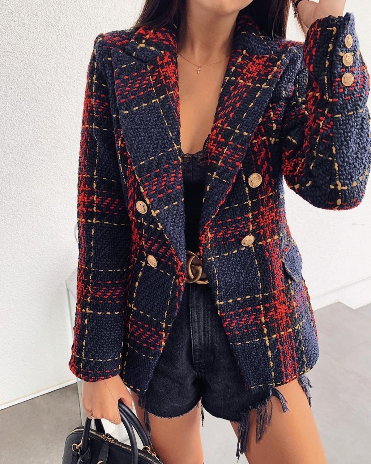 

Woemns casual escritrio senhoras vire para baixo pescoo duplo-breasted xadrez camisa jaquetas casacos elegante vermelho verificar JL2M, Stylish red plaid