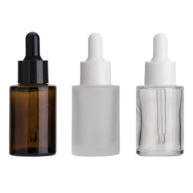 

30ml Glass Bottle Flat Shoulder Frosted/Transparent/Amber Glass Round Essential Oil Serum Bottle With Glass Dropper Cosmetic Essence