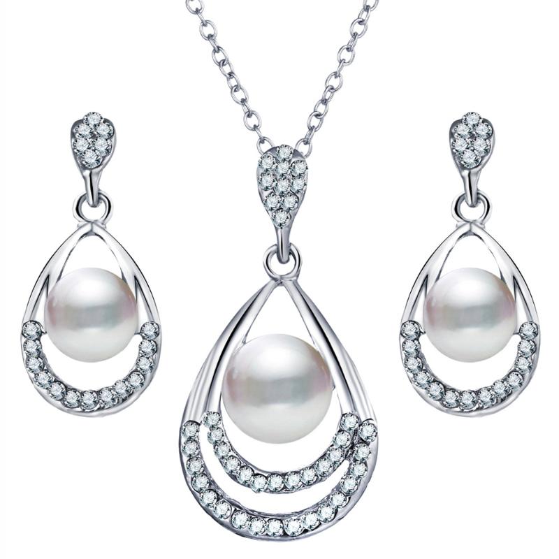 

3 Pcs/set Water Drop Shape Necklace Pearl Pendant Long Necklace For Women Silver 2020 Rhinestone Beads Pearl Suit Accessories