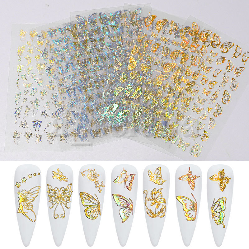 

Holographic 3D Butterfly Nail Art Stickers Adhesive Sliders Colorful DIY Golden Silver Nail Transfer Decals Foils Wraps Decorations, L04 silver