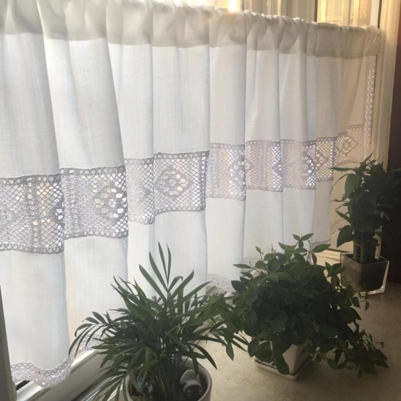 

American Country Style White Cotton Linen Splice Crochet Lace Edge Coffee Curtain Multi-function Decorative Short Curtain