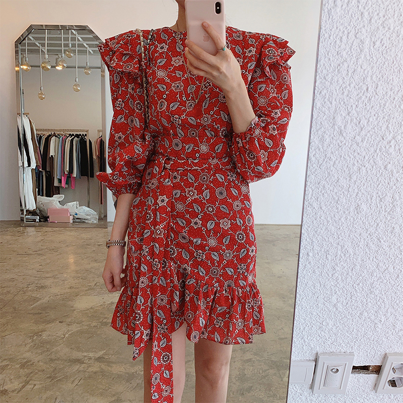 

2021 New Women Autumn Winter Retro Floral Print Ruffles Midi Casual Crewneck Long Sleeve Belt Irregular Wrap Party Vestidos 090m, Pink