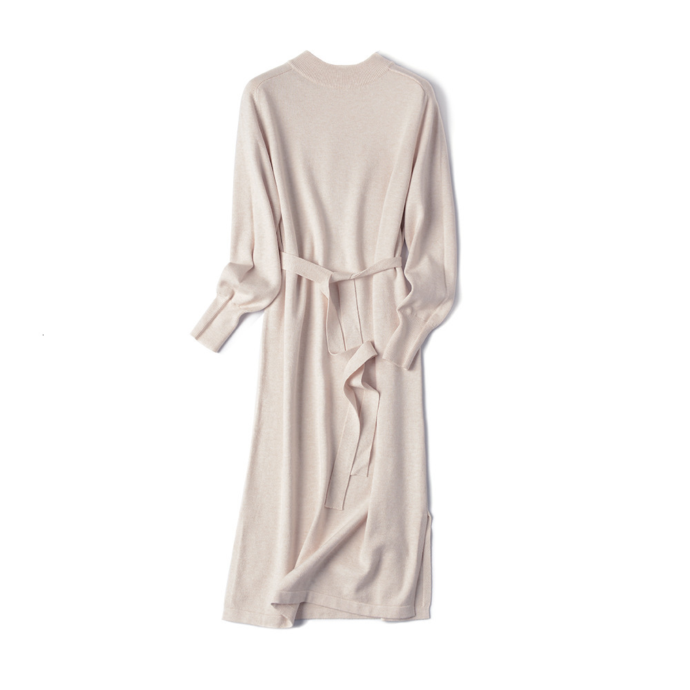 

New 2021 Chic A-line Basic Autumn Winter Sweater Women Loose Elegant Female Knit Midi Dress 3rbp, Apricot