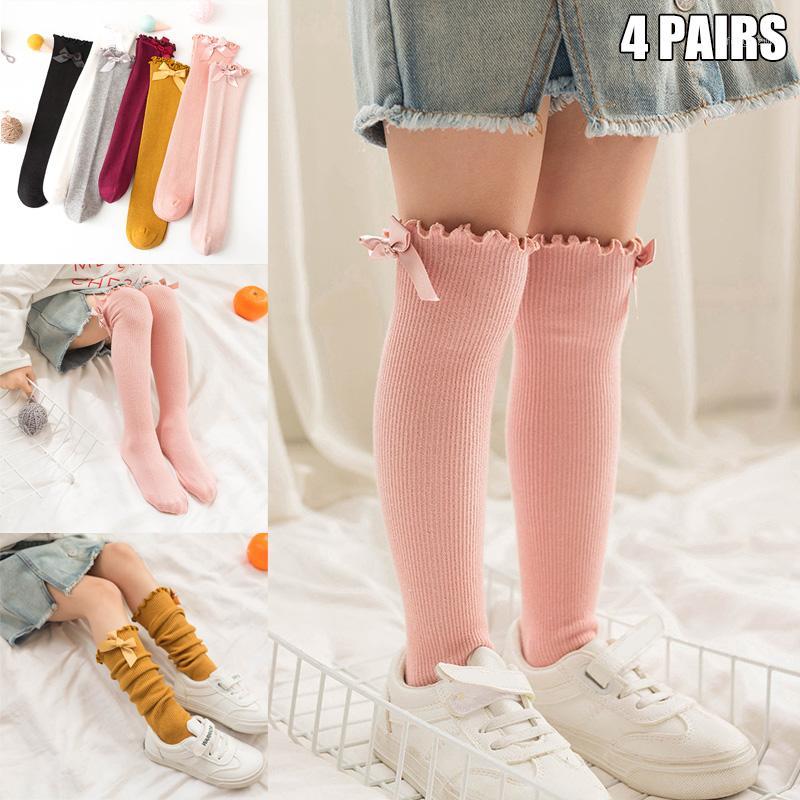 

4 Pairs Baby Girls Cotton Uniform Knee High Socks Tube Ruffled Stockings BM881