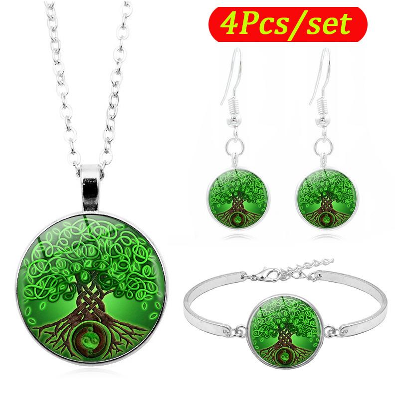 

Tree of Life Photo Glass Cabochon Fashion Jewelry Set Handmade DIY Chain Necklace Bracelet Earring Jewelry Sets for Women, As pic