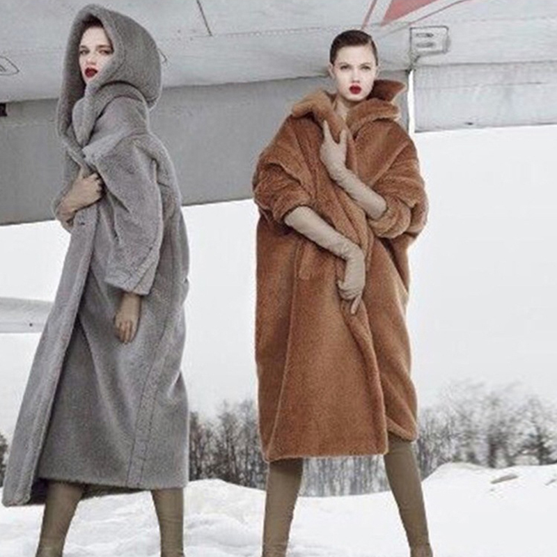 

Oversized Long Hooded Teddy Jacket Coat Women Winter Trendy Female Warm Overcoat Vintage Casual Loose Faux Fur Coats Jacket 201209, Beige teddy coat