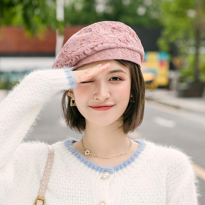 

New Spring Autumn Lace Beret Women Korean Japanese Style British Fashion Octagonal Hat Fashion Octagon All-Match Painter Hat, Black