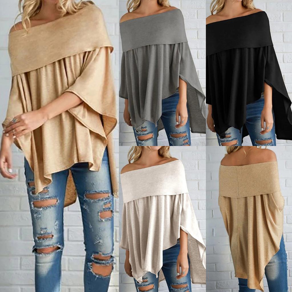 

Women Causal Cold Shoulder Solid Mid Sleeve Irregular Tops Blouse Sweatshirt#2019, White