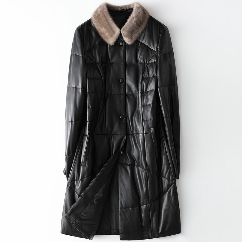 

real couro Inverno genuno para baixo jaqueta guaxinim gola 100% casaco de pele carneiro feminino plius tamanho 4xl roupas longas BXUL, Black