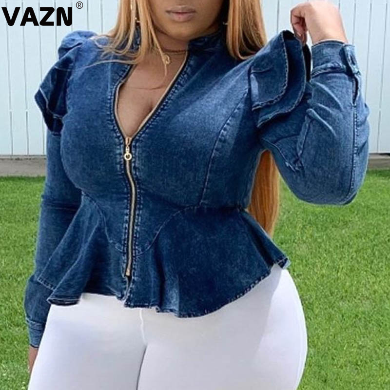 

VAZN Autumn New Street Style Brand V-neck Fashion Sexy Style Women Coat Solid Full Sleeve Slim Jean Coat 201109, Blue